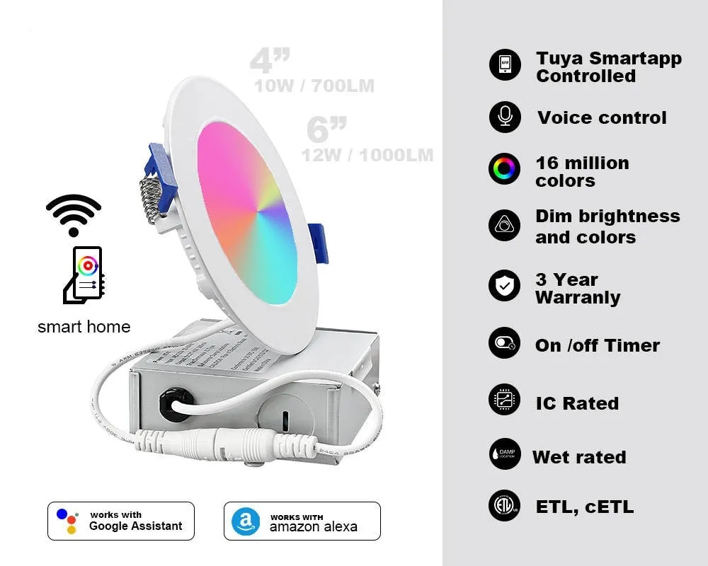 6 in. Smart App/WiFi Slim LED Downlight 900 Lumens Multicolor Dimmable CCT 2700-6500K Google Home/Alexa