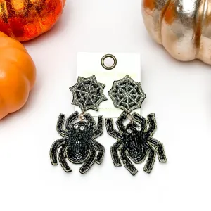 Beaded Spider Earrings With Web Post in Black