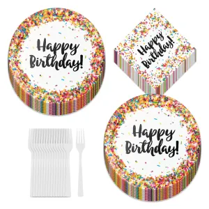 Confetti Sprinkles Party Supplies - Happy Birthday Paper Dinner Plates, Lunch Napkins, and Forks (Serves 16)