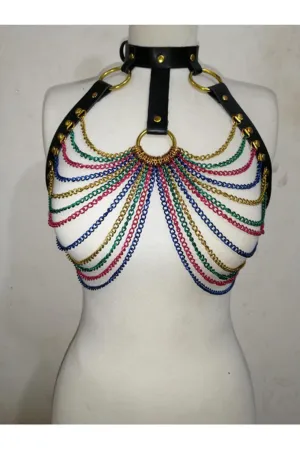 Faux Leather & Rainbow Metallic Chain Harness