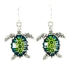 Green & Turquoise Sea Turtle Earrings In Silver