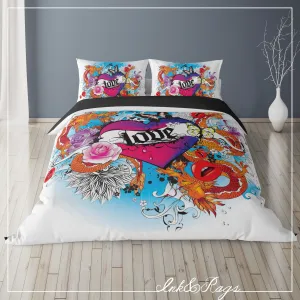 IN STOCK SAMPLE Rockabilly Love Heart Tattoo - 4 Piece Mixed King Duvet Cover Set