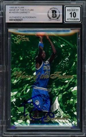 Kevin Garnett Autographed 1995-96 Fleer Flair Wave of the Future Rookie Card #3 Minnesota Timberwolves Auto Grade Gem Mint 10 Beckett BAS #14392827