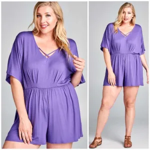 Plus Amethyst Romper Casual Jersey Summer Crisscross Strappy Solid