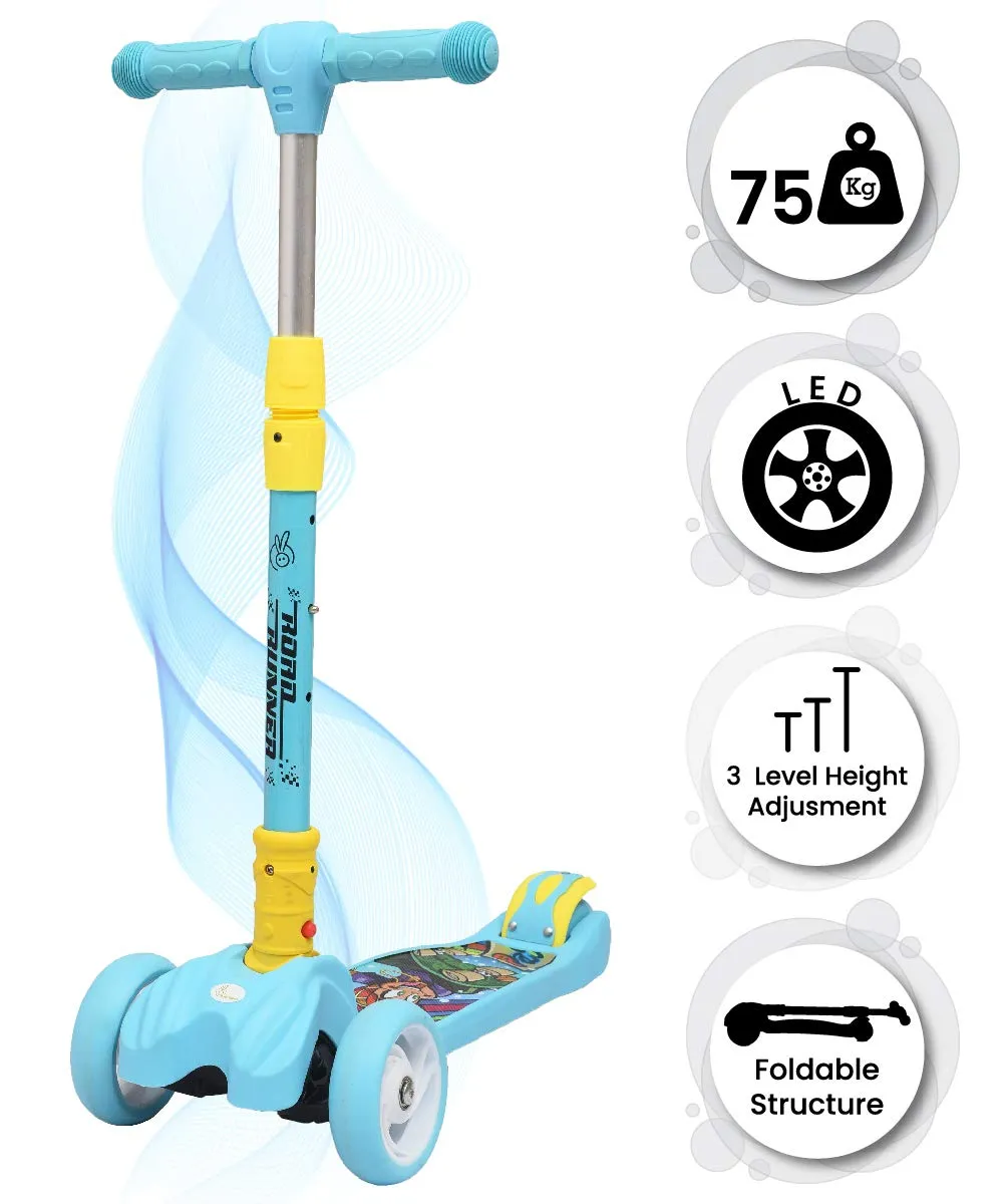 R for Rabbit Road Runner Scooter for Kids of 3 to 14 Years Age 4 Adjustable Height, Foldable, LED PU Wheels & Weight Capacity 75 kgs Kick Scooter with Brakes | 6 Months Warranty | (Blue)