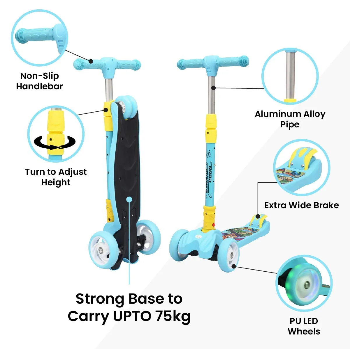 R for Rabbit Road Runner Scooter for Kids of 3 to 14 Years Age 4 Adjustable Height, Foldable, LED PU Wheels & Weight Capacity 75 kgs Kick Scooter with Brakes | 6 Months Warranty | (Blue)