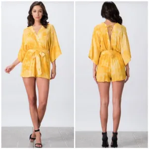 Yellow Tie Dye Surplice Kimono Romper Casual Womens